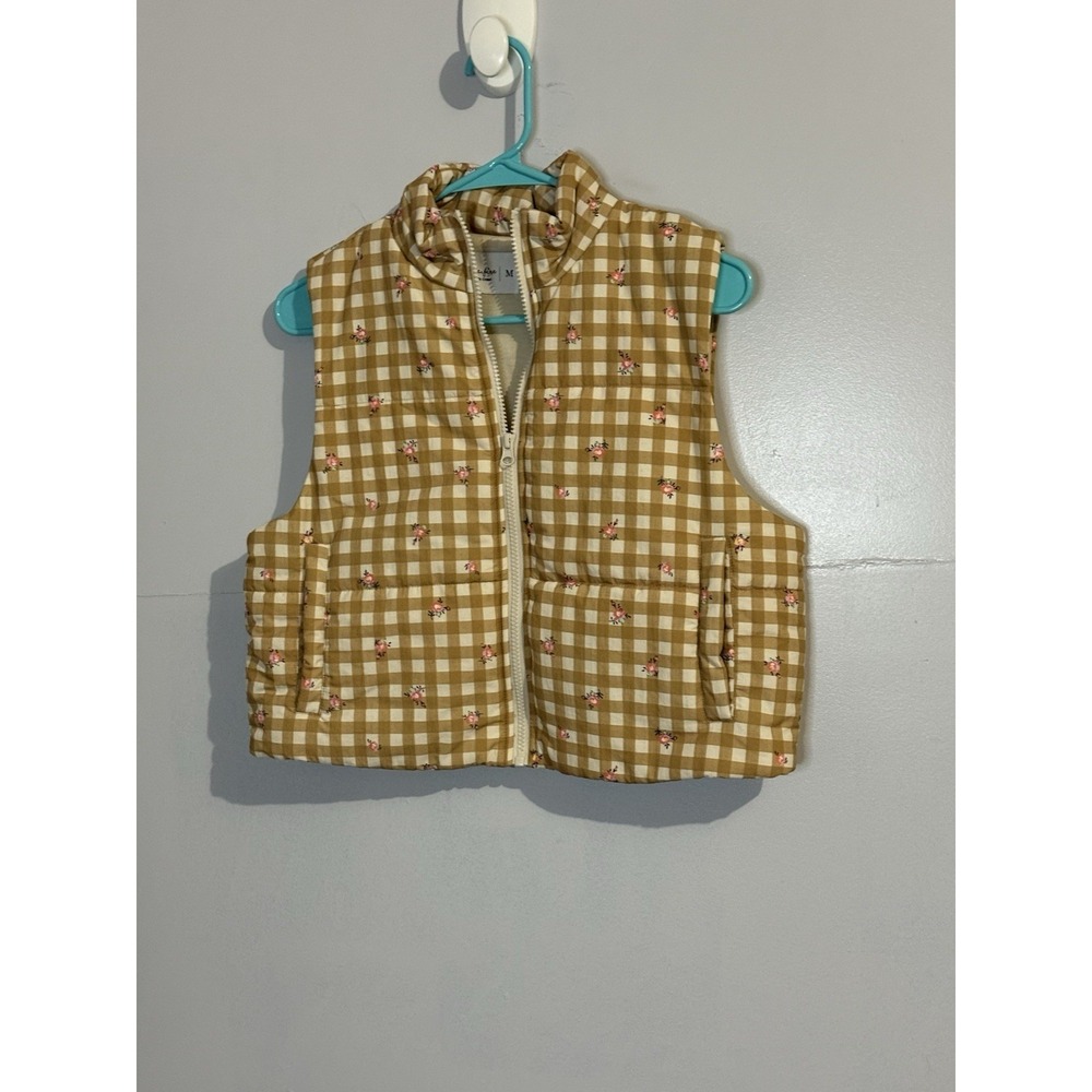 Love, Fire Tan Gingham Floral Cottage Core Cropped Vest Women's Size M